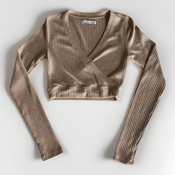 Abercrombie & Fitch Ribbed Wrap Cropped Sweater Top XS / Camel Brown - Picture 1 of 6